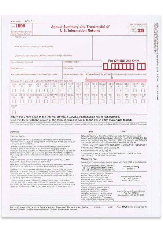 2025 1096 Transmittal Forms, 10 Pack