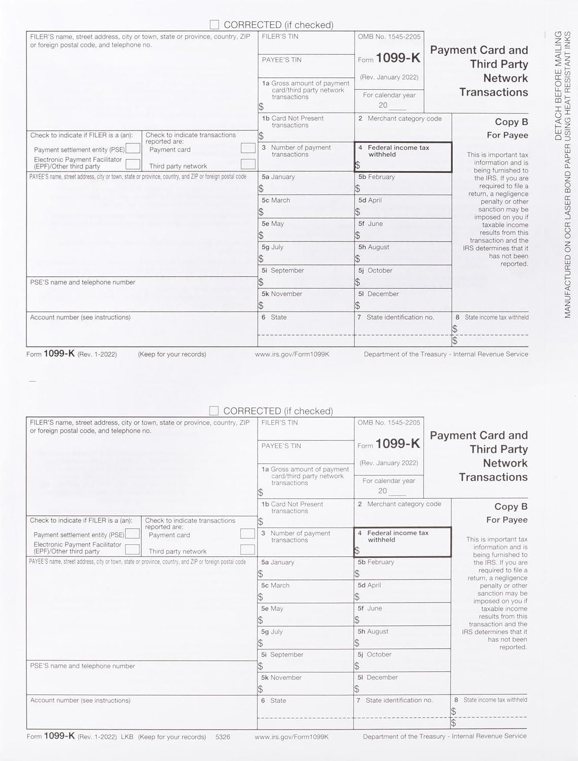 1099 K Payee Copy B Tax Forms, PSE File Form, Pack of 100 Forms (50 Sheets)