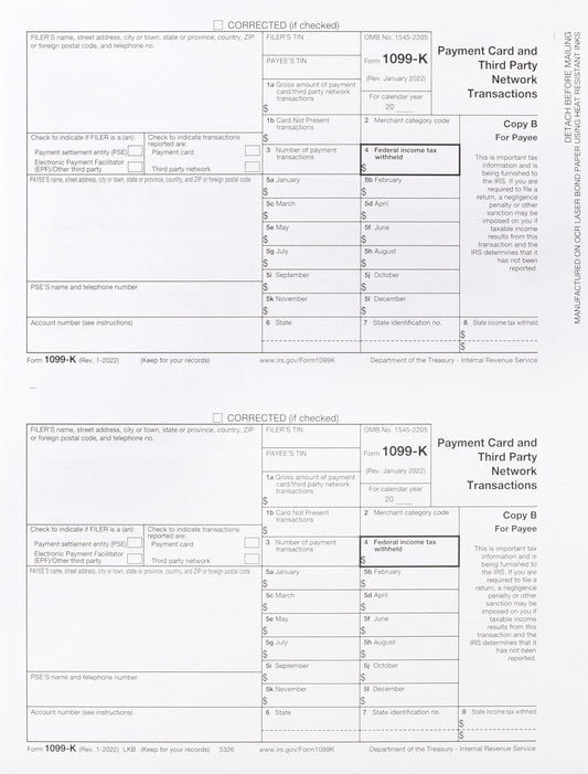 1099 K Payee Copy B Tax Forms, PSE File Form, Pack of 100 Forms (50 Sheets)