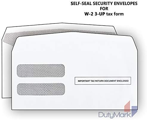 W-2 Tax Envelopes for 3-Up Horizontal, Double Window Self-Seal Security Envelope, W-2 with the Side Stub RemovedTax Forms Pack of 50 Envelopes