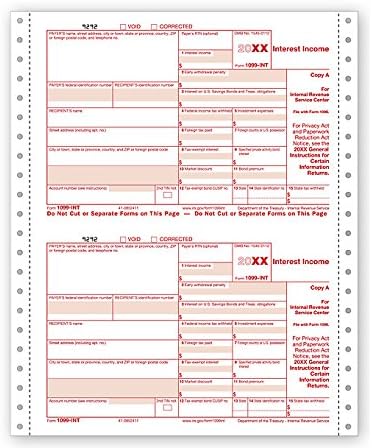 1099-INT Income Continuous, Set, 4-Parts/Quadruplicate, Kit for 25 Vendors Carbonless Electronic Filing 2024