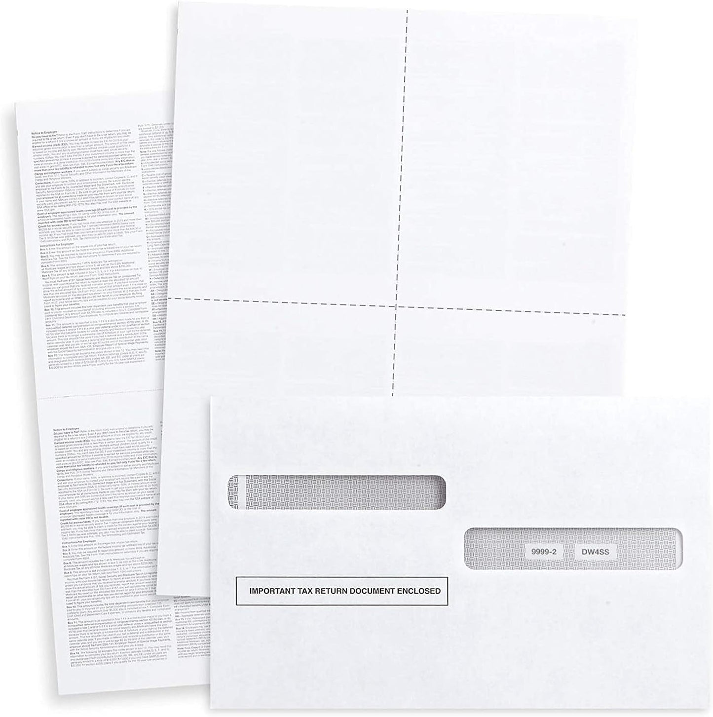 W-2 4-Up Blank Laser Tax Forms Set with Self-Seal Envelopes, for 50 Employees, 2021, with Back Instructions