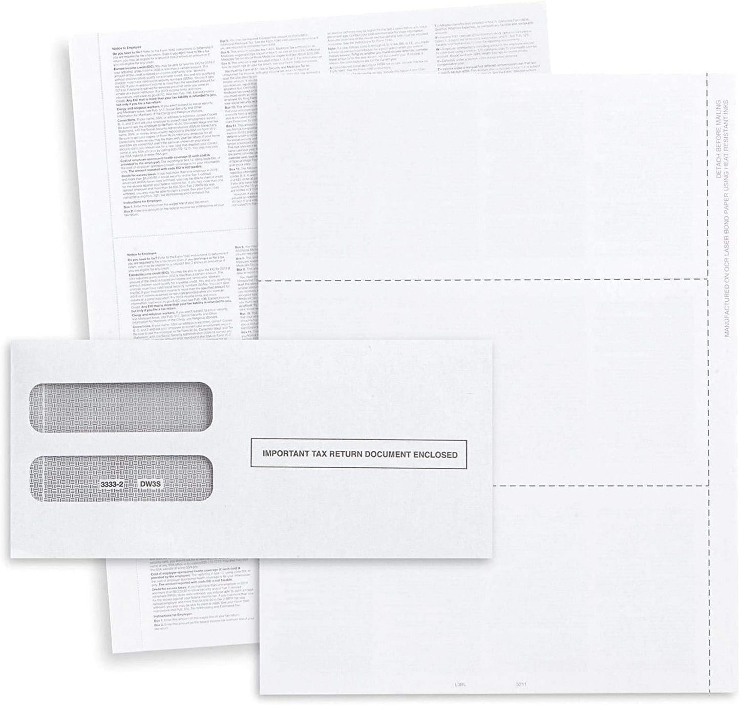 W-2 Tax Envelopes for 3-Up Horizontal, with the side stub removed, 25 Pack of Double Window Self-Seal Security Envelope, with the Side Stub Removed, Pack of 25 Envelopes