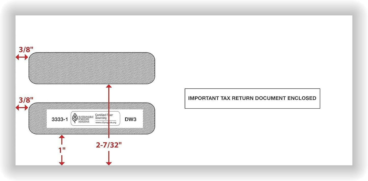 W2 Tax Envelopes for 3-Up Horizontal, Double Window Gum-Seal Security Envelope, W-2 with the Side Stub RemovedTax Forms Pack of 25 Envelopes