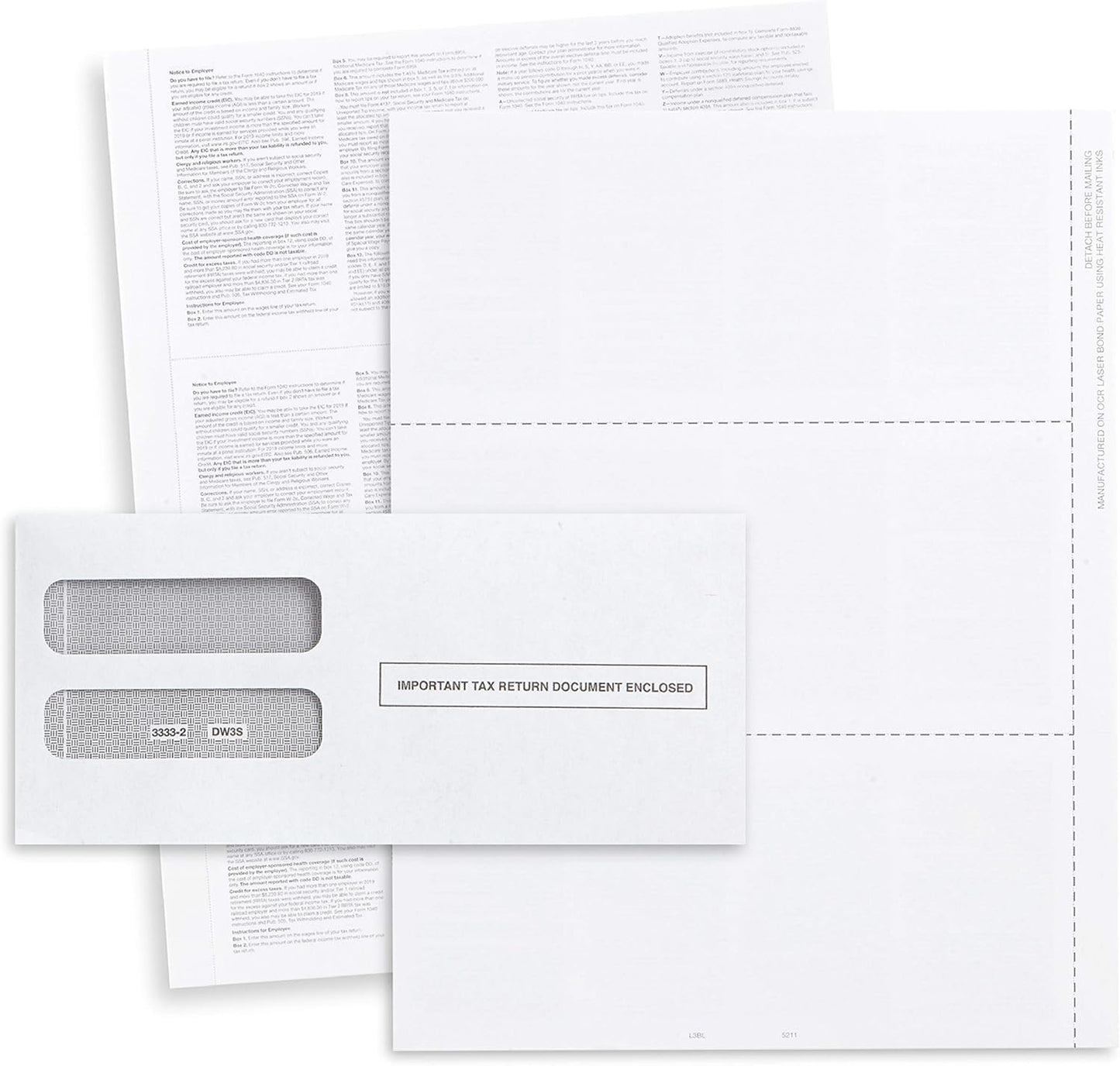 W2 Tax Envelopes for 3-Up Horizontal, Double Window Gum-Seal Security Envelope, W-2 with the Side Stub RemovedTax Forms Pack of 25 Envelopes