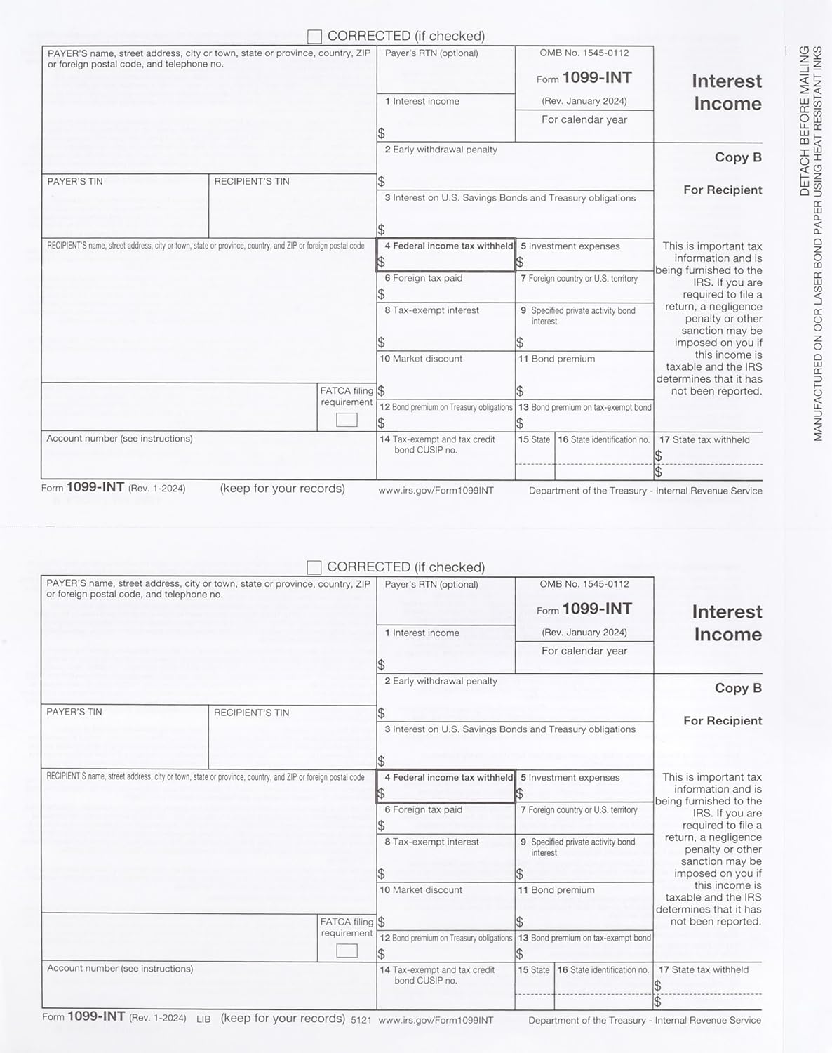 1099 INT Interest Tax Forms 2024 4 Part, 25 Pack of Interest Income Laser Forms Designed for QuickBooks and Accounting Software, 25 Self Seal Envelopes Included