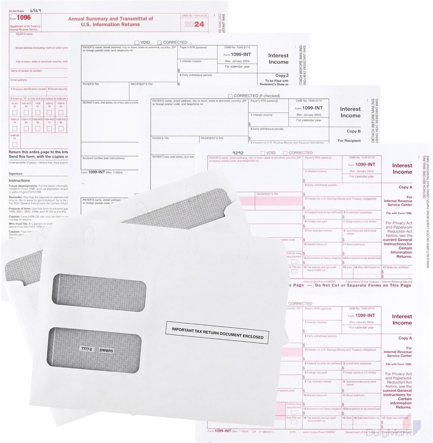 1099 INT Tax Forms 2024 Interest Income Set, 10 Self-Seal Envelopes included. Kit For 10 Vendors Laser Forms Designed for QuickBooks and Accounting Software