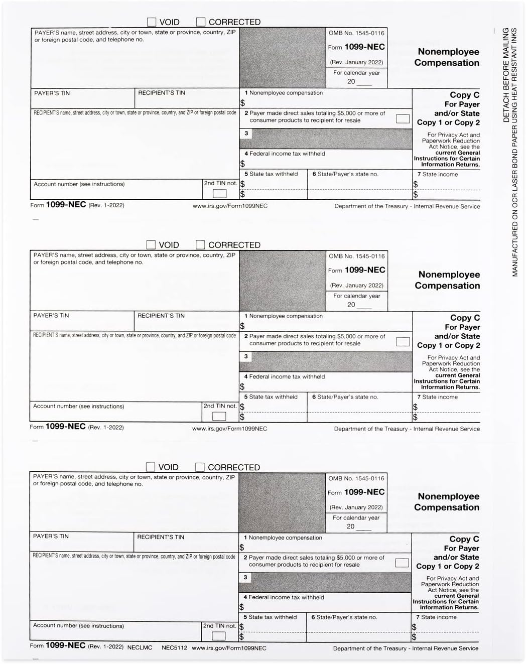 1099-NEC Forms 2022, 4 Part 25 Pack Laser Tax Forms Kit and Self-Seal Envelopes, Pack of Federal/State Copy's, 1096's –Great for QuickBooks and Accounting Software, 2022 1099-NEC