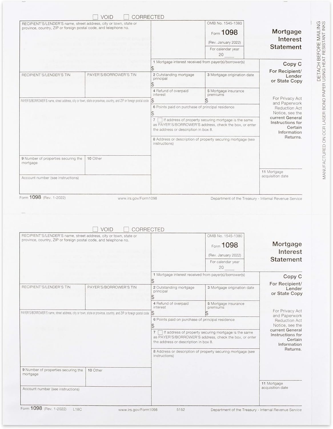 1098 Mortgage Interest Tax Form 2024, 3 Part Laser Federal Form, Designed for QuickBooks and Accounting Software Pack of 50, 2024