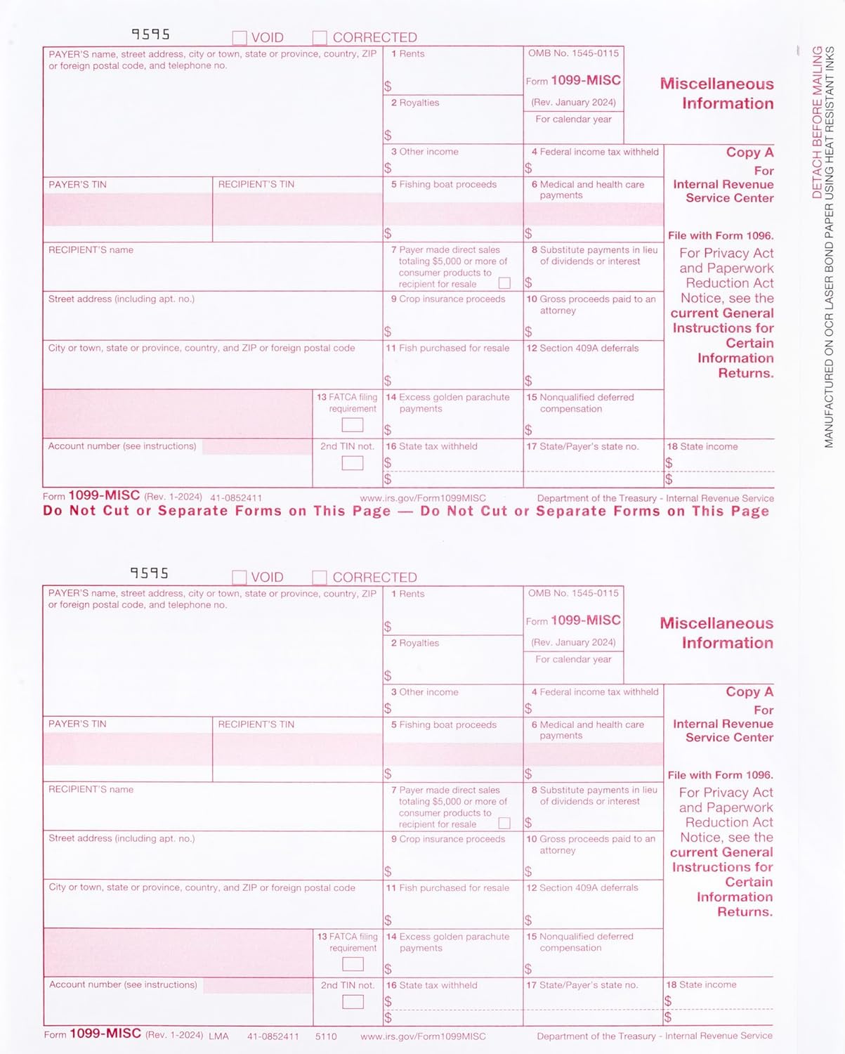 DuryMark 1099 Misc Tax Forms 2024 with Envelopes, 4 Part Tax Forms Kit for 10 Vendors - Value Pack for Business - Made in The USA - 10-Pack