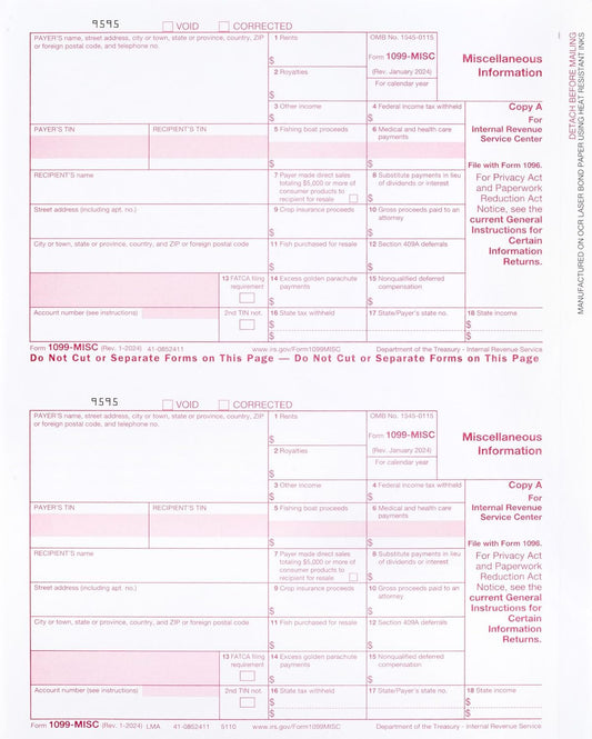 1099 MISC Copy A 2024 Tax Federal Income Form, 100 Laser Tax recipients Pack, (50 Sheets) Compatible with QuickBooks and Accounting Software