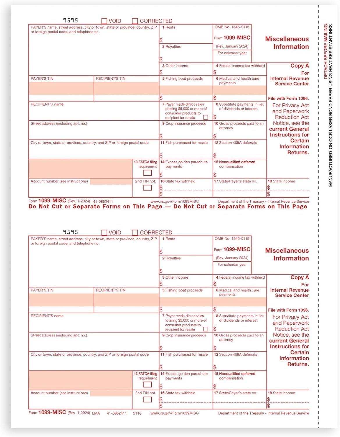 2024 Complete Laser 1099 Misc Tax Form Set and 1096 - Kit for 10 Vendors ~3-Part~ All 1099 Forms with Self-Seal Envelopes in Value Pack | 1099 Misc 2024