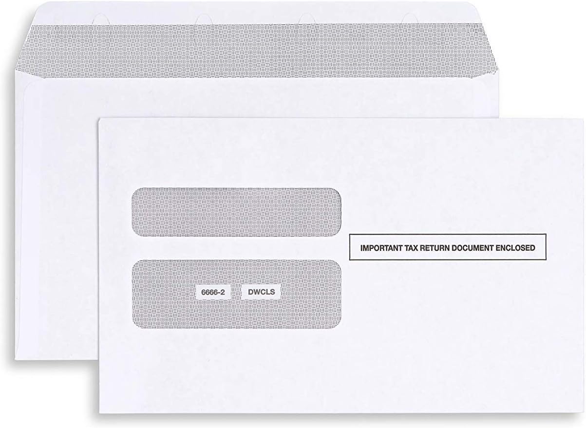 100 W2 Envelopes, Self Seal for W-2 Tax 2-Up Forms, Double Window Security Envelope Designed for Printed W2 Laser Forms from QuickBooks Desktop and Other Tax Software, 5 5/8’’ x 9’’, 100 Pack