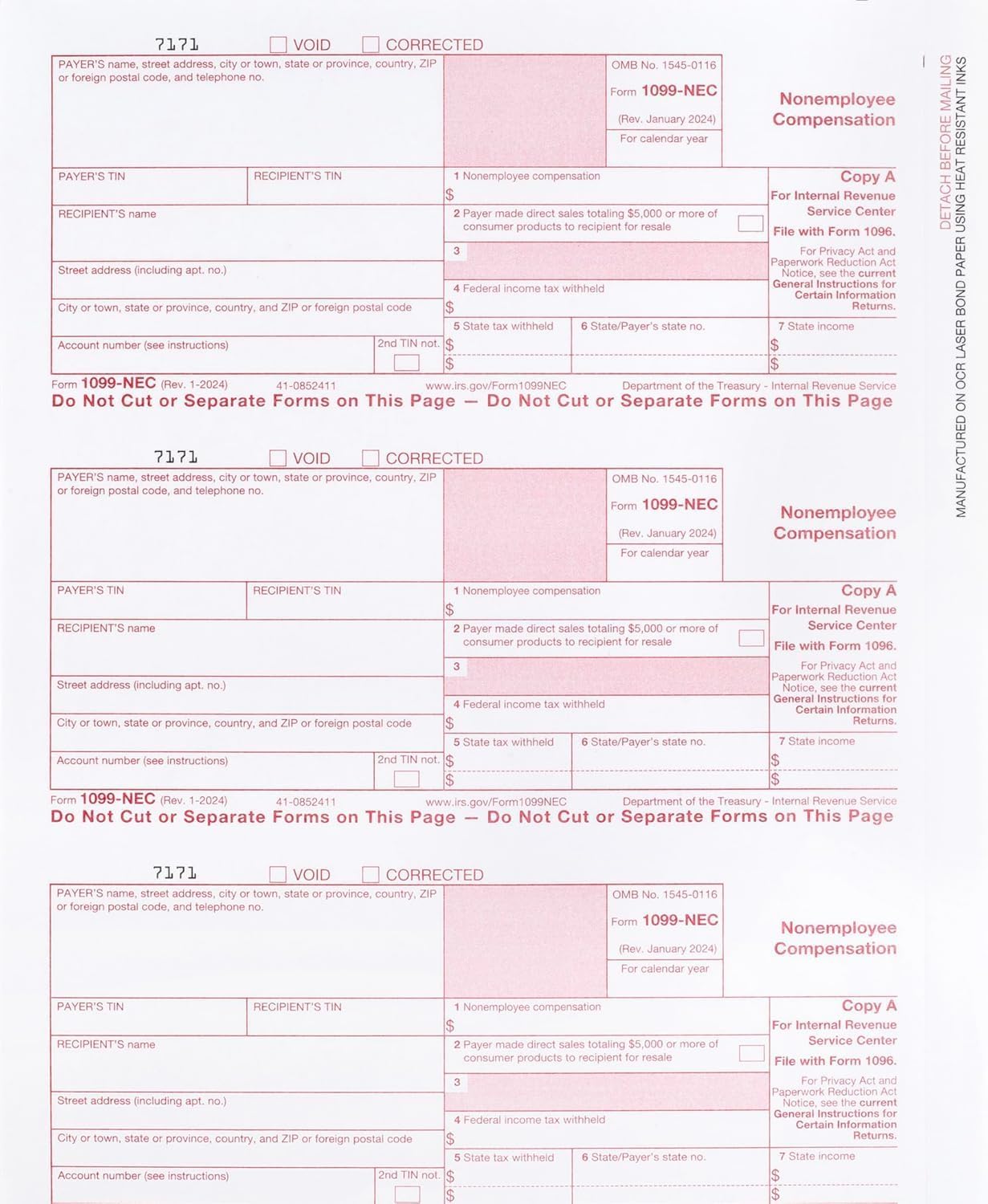 1099 NEC Copy A Income Forms, Federal Approved Lazer Tax Forms, Pack for 100 Sheets (300 Recipients) 2024