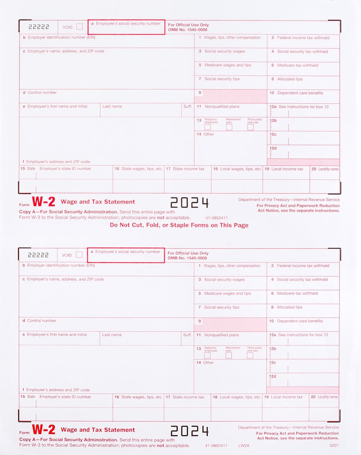 W2 Forms 2024 Copy A, W-2 Federal Income Laser Tax Form - Pack for 25 Employees