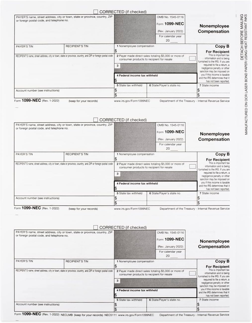 1099-NEC Forms 2022, 4 Part 25 Pack Laser Tax Forms Kit and Self-Seal Envelopes, Pack of Federal/State Copy's, 1096's –Great for QuickBooks and Accounting Software, 2022 1099-NEC