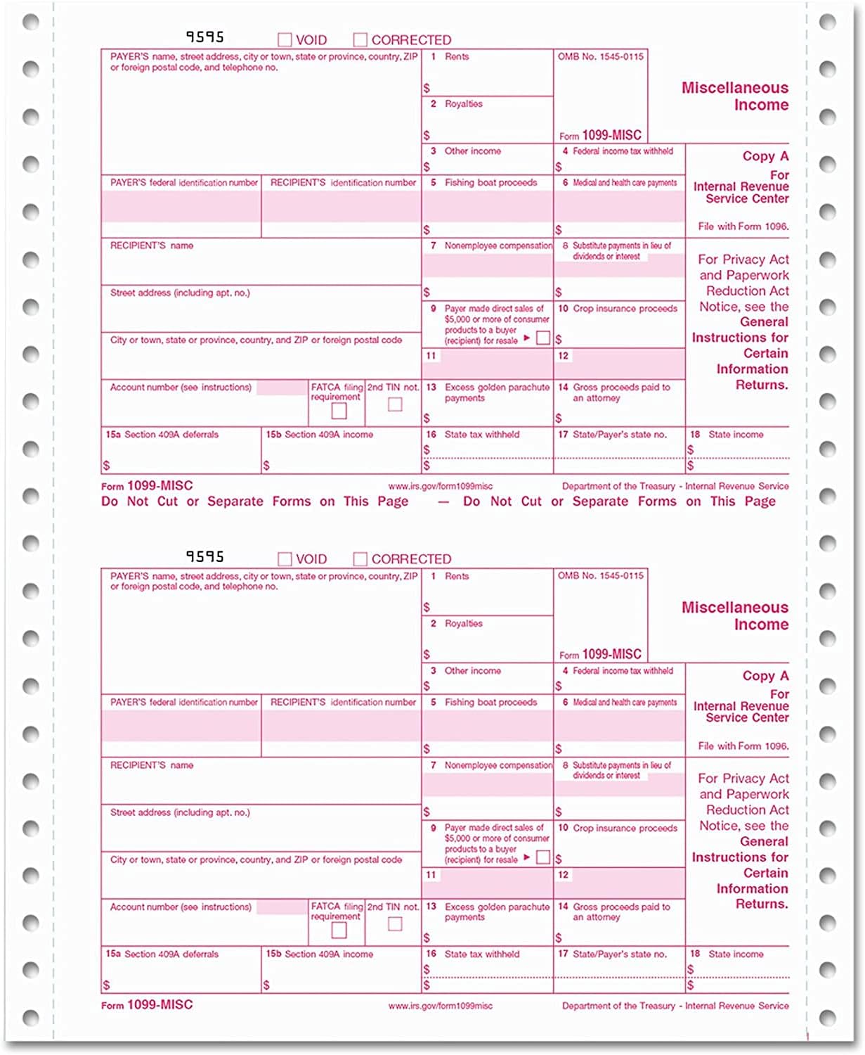 1099-MISC Continuous Income Sets, 4-Part/Original, Kit for 25 Vendors Carbonless Electronic Filing 2024