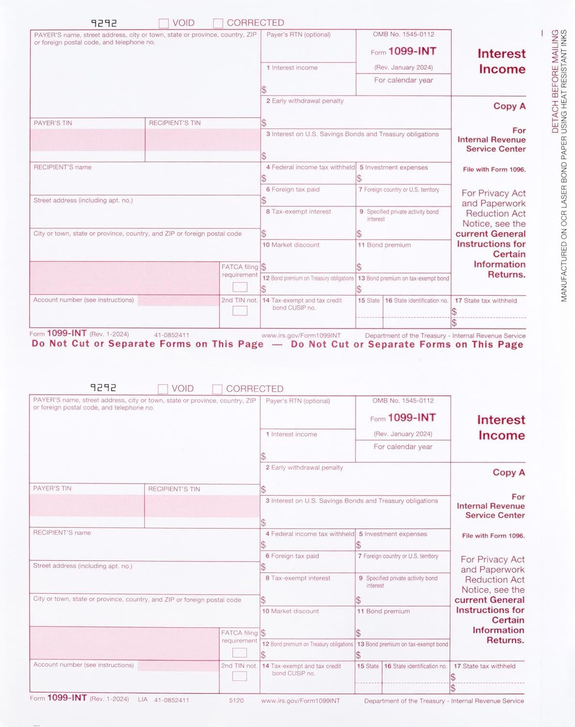 1099 INT Tax Forms 2024 Interest Income Set, 10 Self-Seal Envelopes included. Kit For 10 Vendors Laser Forms Designed for QuickBooks and Accounting Software