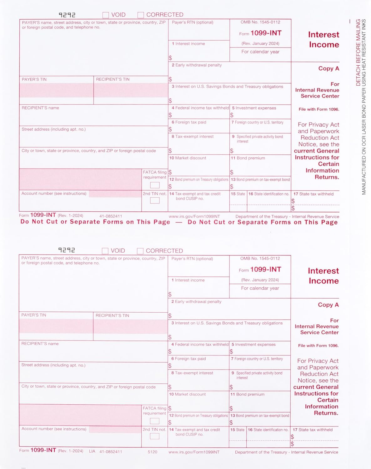 1099 INT Interest Tax Forms 2024 4 Part, 25 Pack of Interest Income Laser Forms Designed for QuickBooks and Accounting Software, 25 Self Seal Envelopes Included