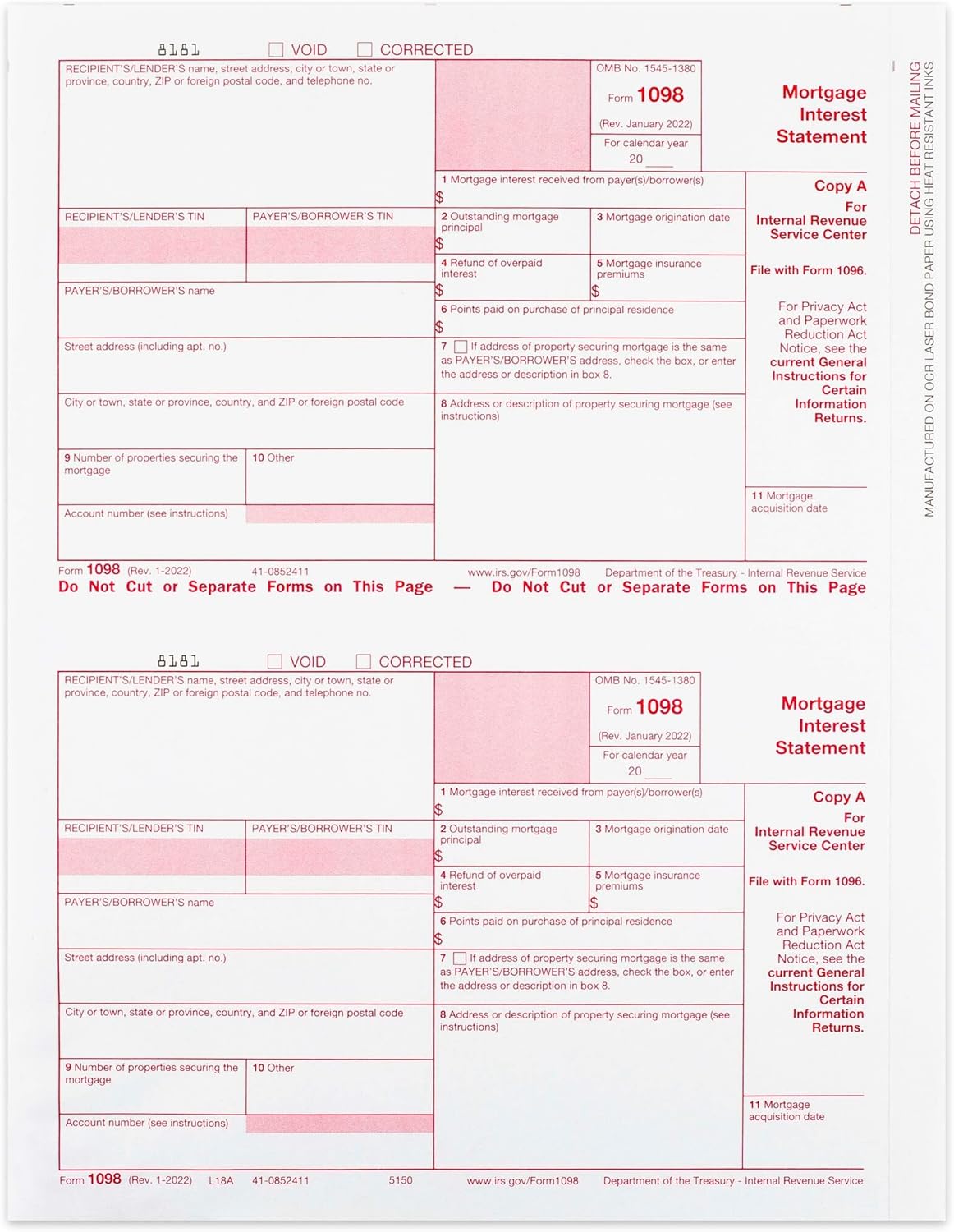 1098 Copy A Mortgage Interest Federal Laser Tax Form, Set for 100, 2024