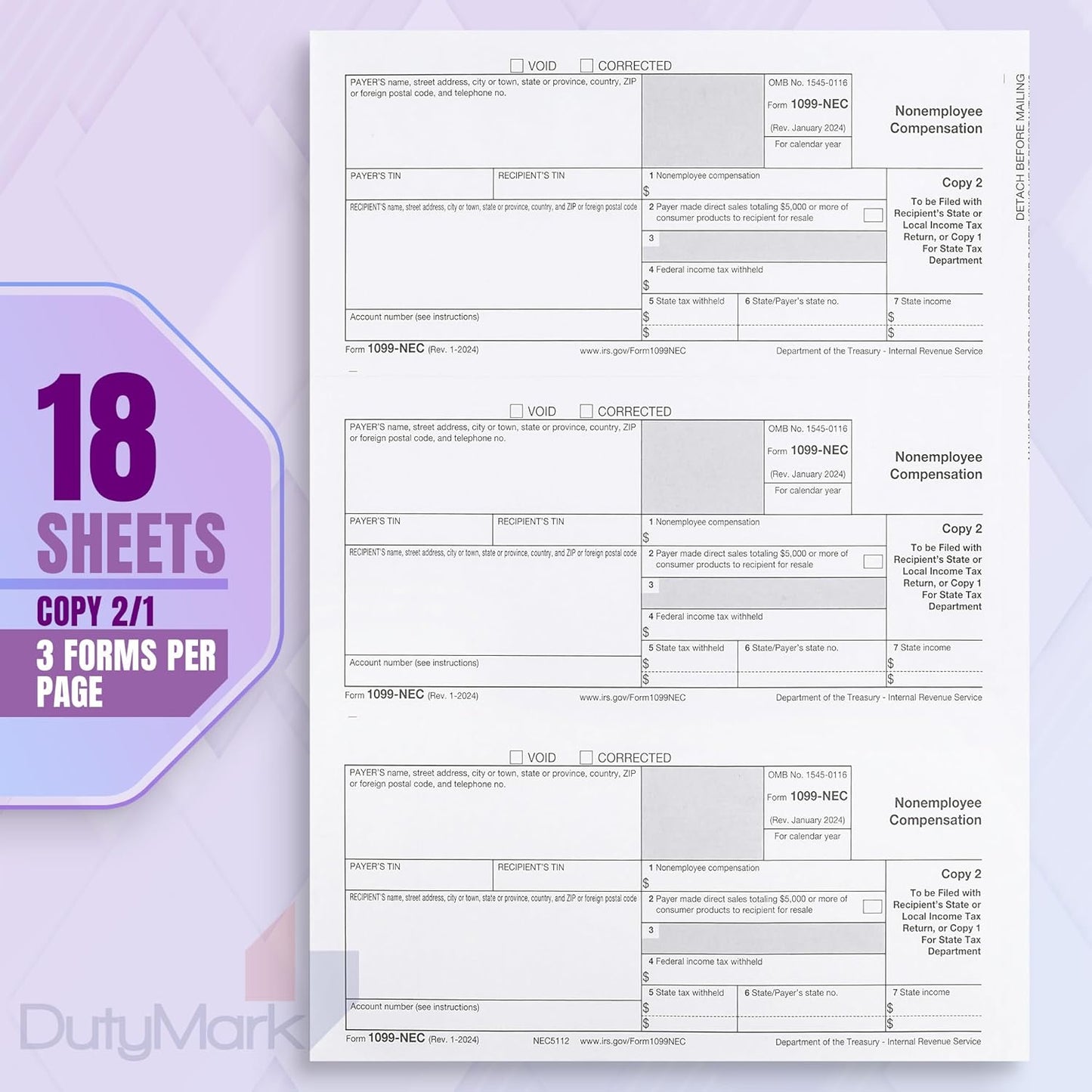 Dutymark 1099 NEC Tax Forms 2024, for 25 Recipients 4 Part Laser Tax Forms Kit, 3 1096 Forms, 25 Security Self Seal Envelopes, Great for QuickBooks and Accounting Software, 2024 1099 NEC