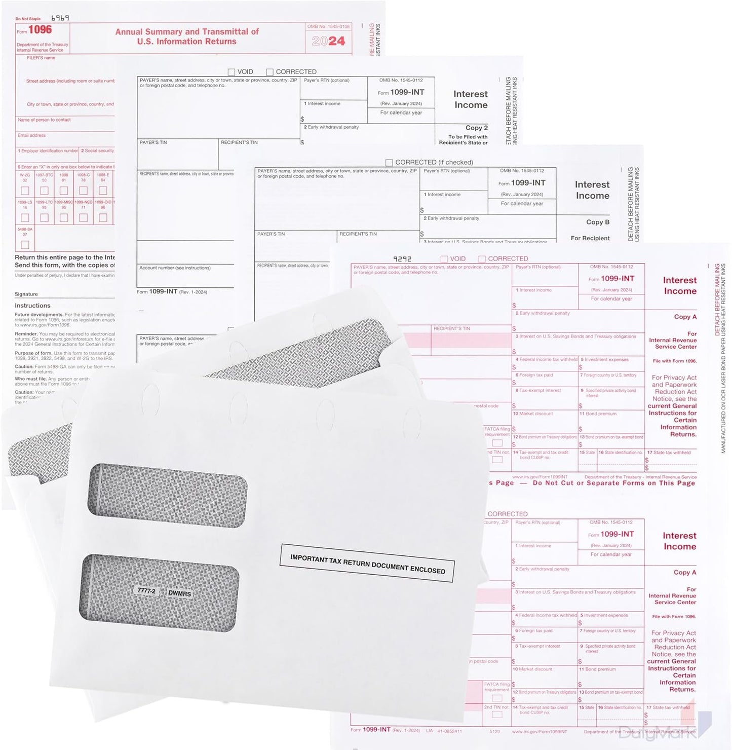 1099 INT Interest Tax Forms 2024 4 Part, 25 Pack of Interest Income Laser Forms Designed for QuickBooks and Accounting Software, 25 Self Seal Envelopes Included