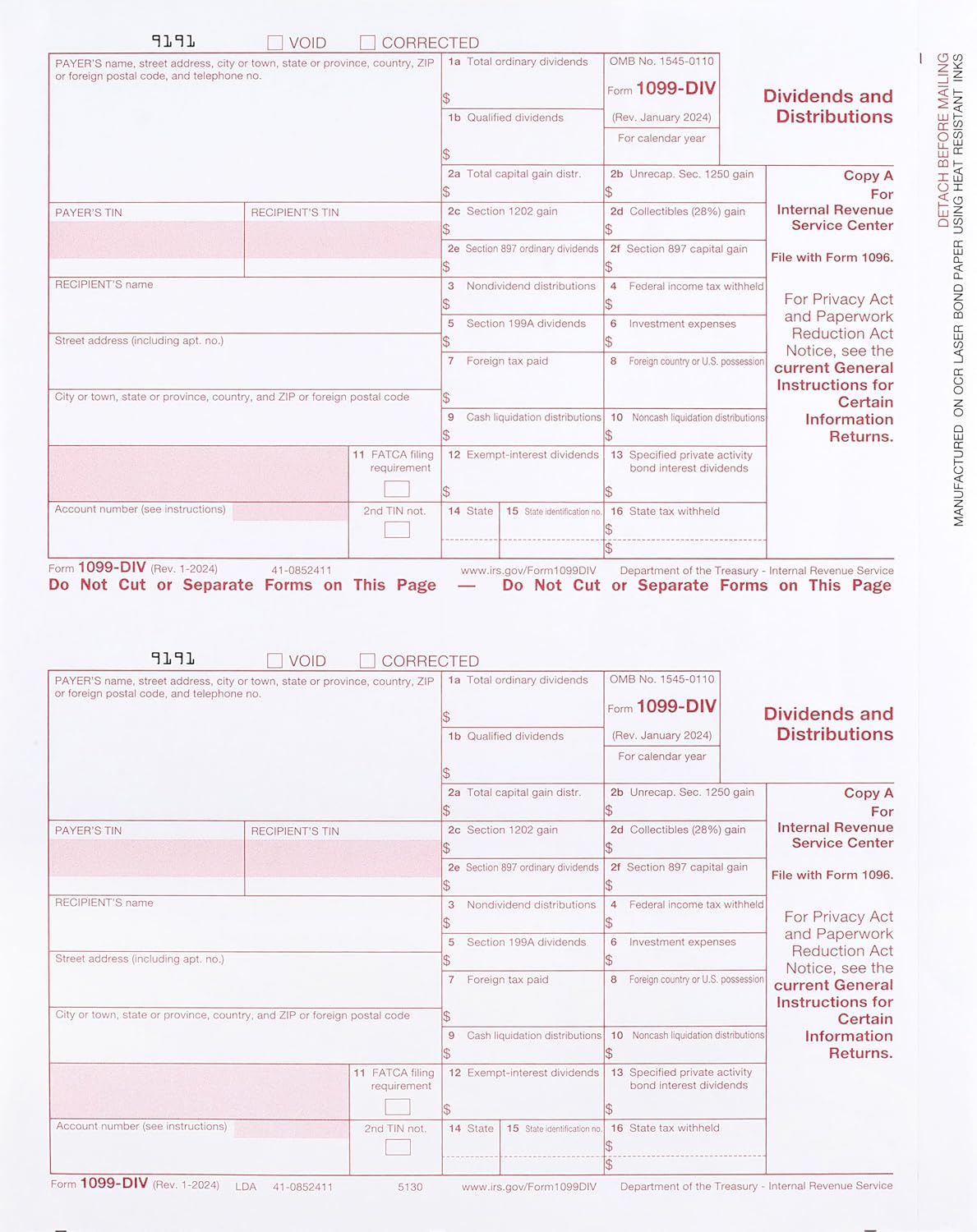 1099 DIV Tax Forms 4 Part 2024 - Kit for 25 Vendors 4-Part, Complete Laser DIV Dividends and Distribution Forms with Self-Seal Envelopes in Value Pack Compatible with QB and Accounting Software