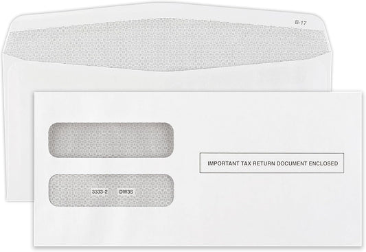 100 W-2 Tax Envelopes For 3-Up Horizontal W-2 with the Side Stub Removed Tax Forms, Double Window Self-Seal Security Envelope, Pack of 100 Envelopes