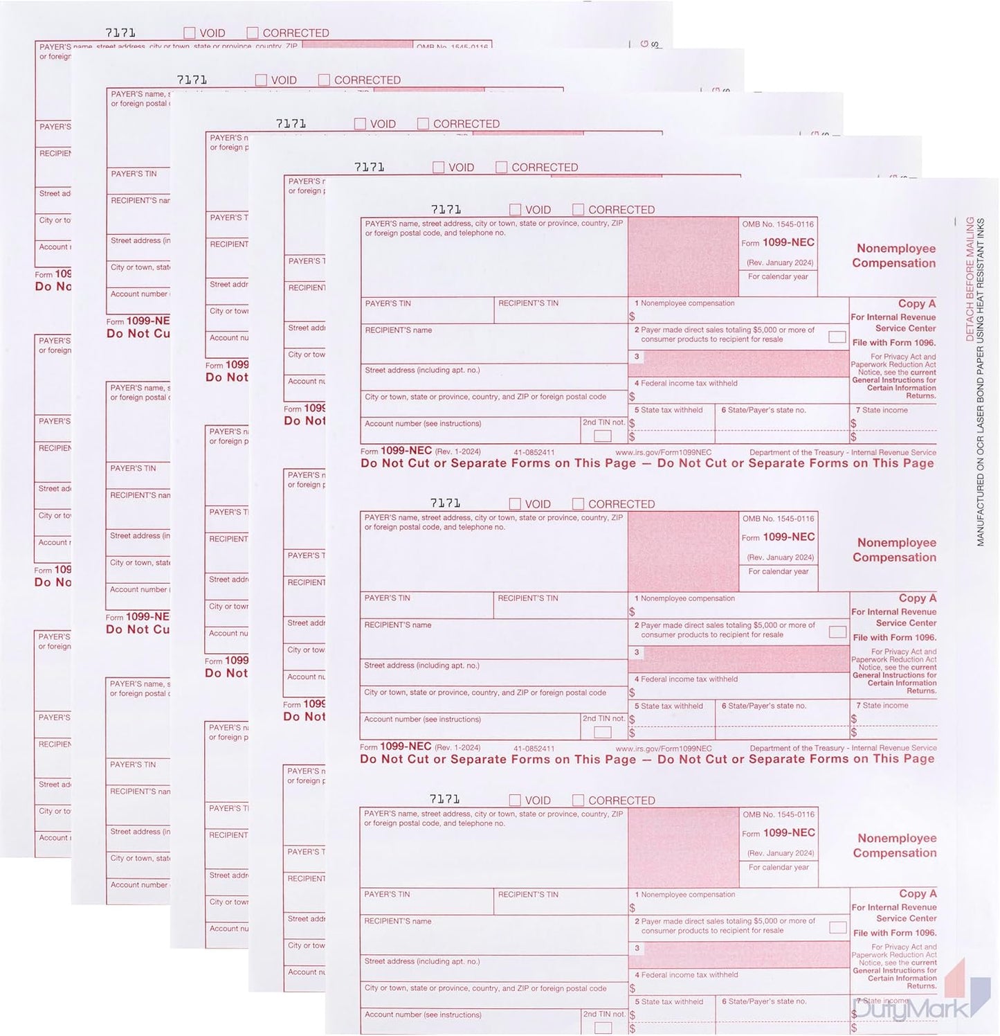 1099 NEC Copy A Income Forms, Federal Approved Lazer Tax Forms, Pack for 100 Sheets (300 Recipients) 2024