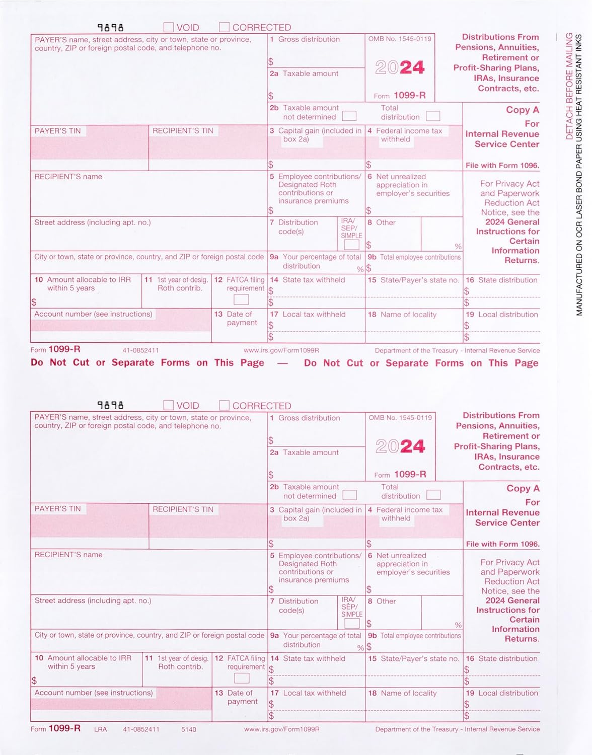 1099-R (distributions) Laser Set 4-Part, Pack for 25, Federal and State Copies (2 Forms on a Sheet) 2024