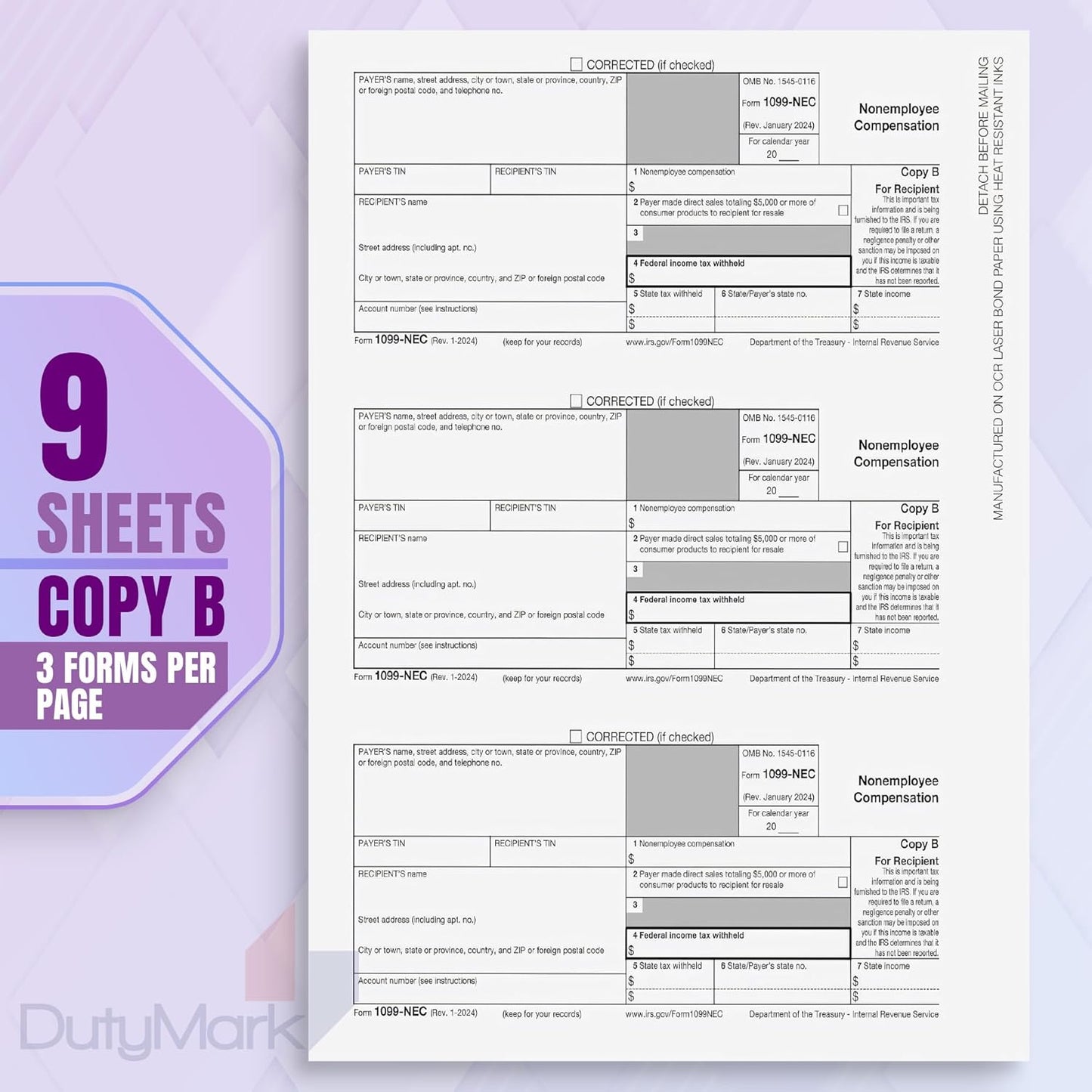 Dutymark 1099 NEC Tax Forms 2024, for 25 Recipients 4 Part Laser Tax Forms Kit, 3 1096 Forms, 25 Security Self Seal Envelopes, Great for QuickBooks and Accounting Software, 2024 1099 NEC