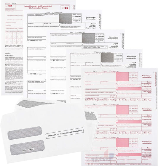 1099-NEC Forms 2022, 4 Part 25 Pack Laser Tax Forms Kit and Self-Seal Envelopes, Pack of Federal/State Copy's, 1096's –Great for QuickBooks and Accounting Software, 2022 1099-NEC