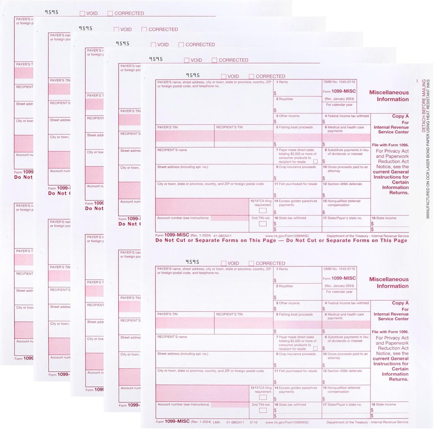 2024 Laser 1099-MISC Income Form, Federal Copy A - 50 Tax recipients Pack (25 Sheets)