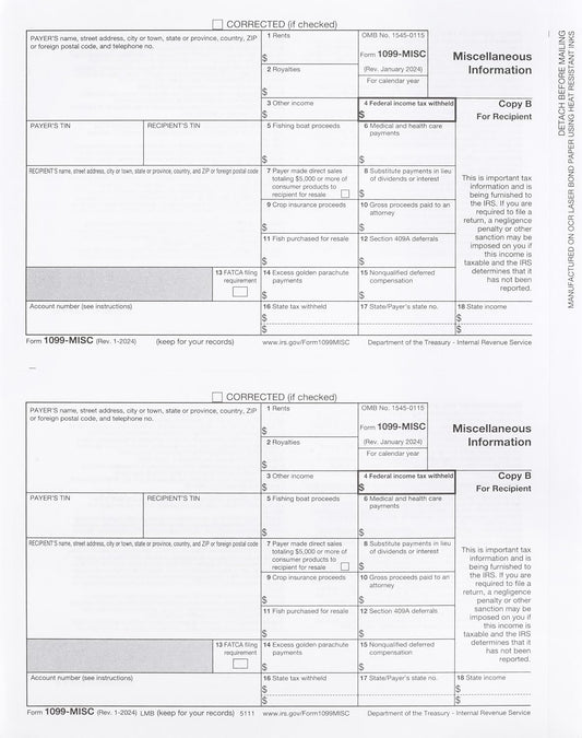 1099 Misc Laser Copy B - Income - Recipient- Pack for 100 Recipients 2024 Copy B