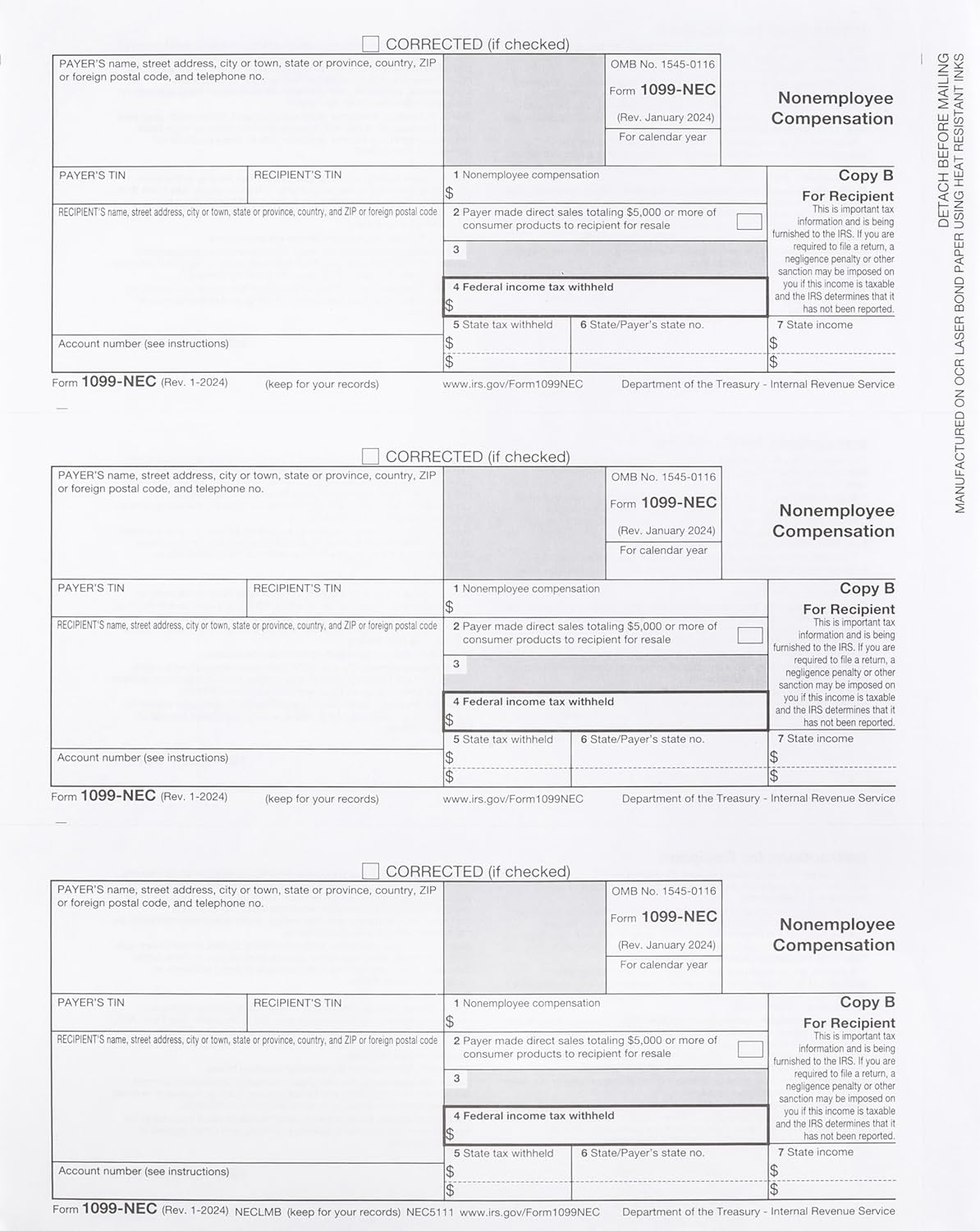 1099-NEC Forms 2024, 4 Part Laser Tax Forms Kit Pack of Federal/State Copy's, 1096's –Great for QuickBooks and Accounting Software, [NO Envelopes] 1099-25 Pack