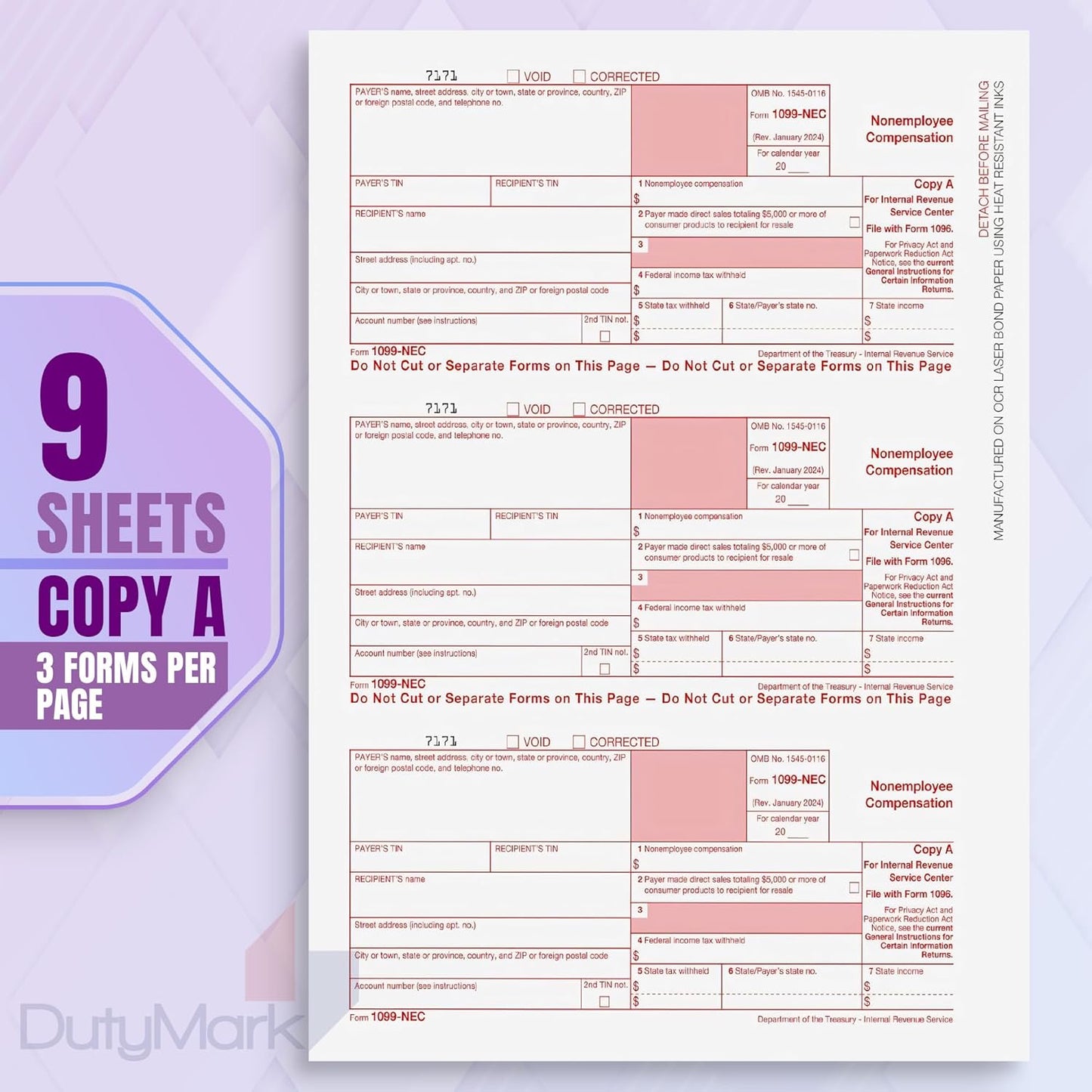 Dutymark 1099 NEC Tax Forms 2024, for 25 Recipients 4 Part Laser Tax Forms Kit, 3 1096 Forms, 25 Security Self Seal Envelopes, Great for QuickBooks and Accounting Software, 2024 1099 NEC