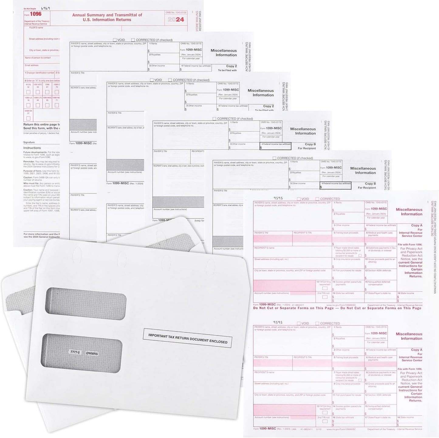 1099 MISC Forms 2024, 4 Part, 50 Vendors Kit Laser Tax Forms with 50 Self-Seal Envelopes Great for QuickBooks and Accounting Software, 1099 MISC Forms 2024