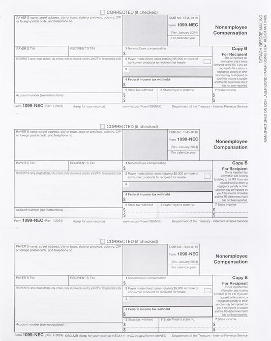 1099 Nec Copy B - Income - Recipient- Pack for 100 Recipients 2024 Copy B