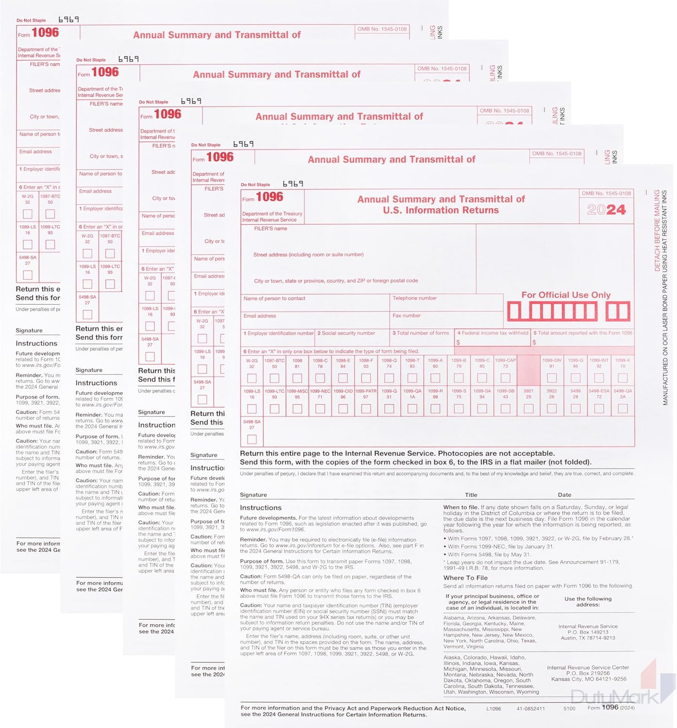 1096 Transmittal/Summary Laser Tax Form -25 Pack- 2024, Great for QuickBooks and Accounting Software