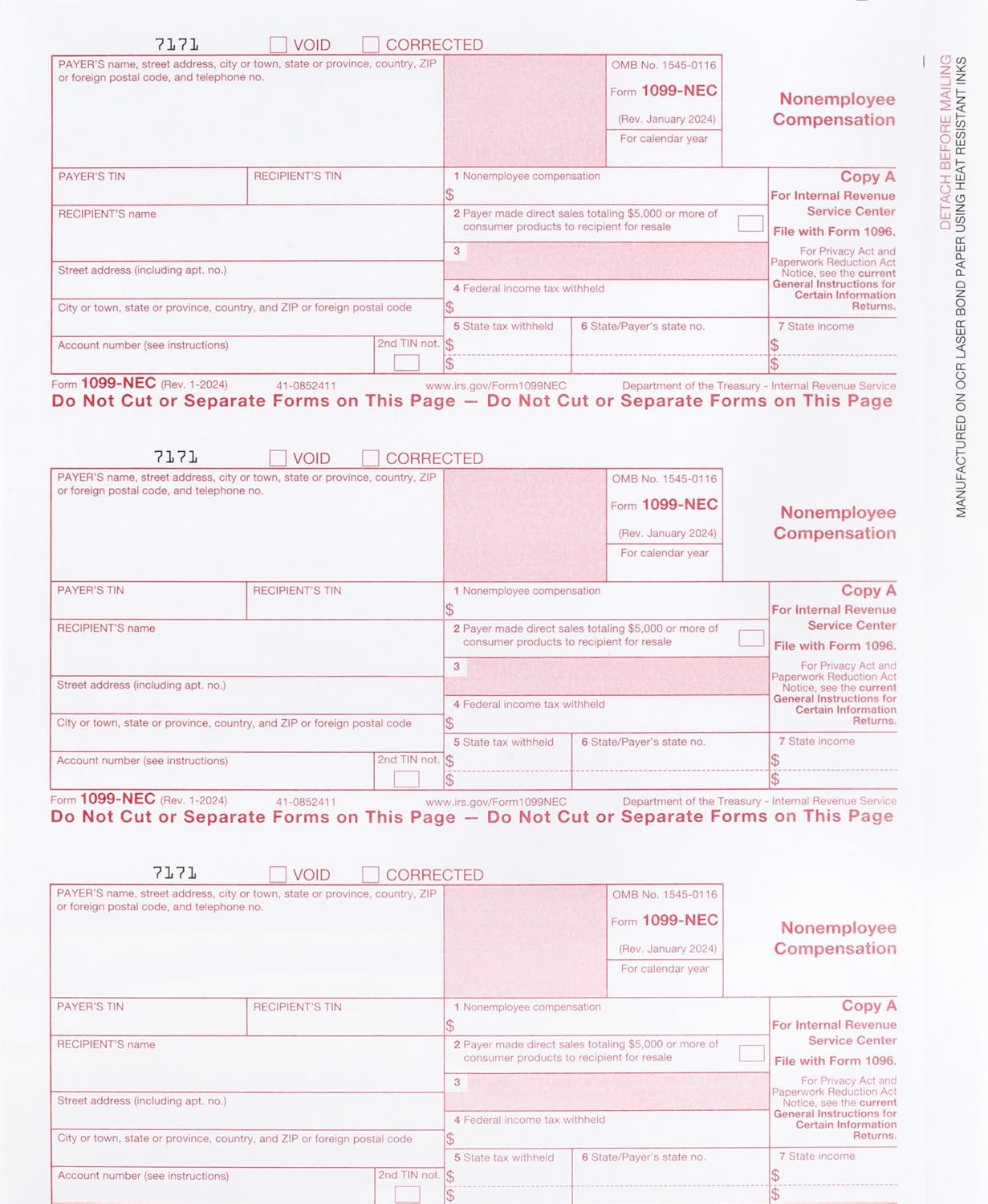 1099 NEC Copy A Forms 75 Forms (25 Sheets) Federal Income Laser Tax Forms, 2024