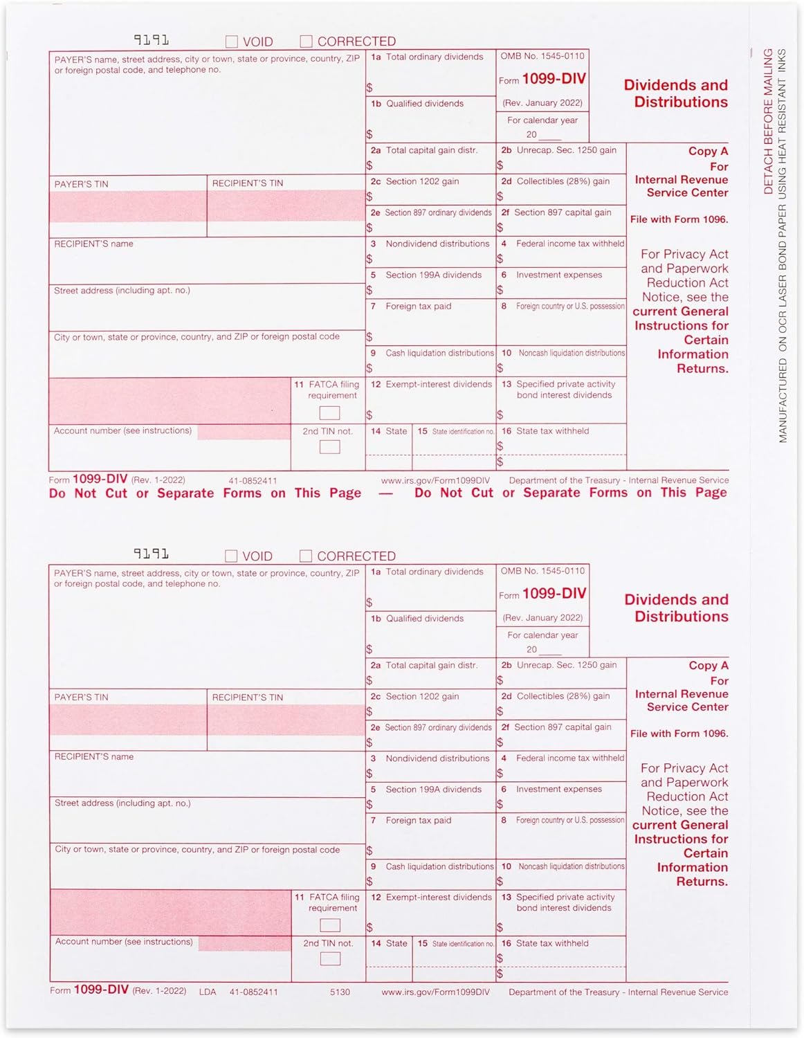 1099-DIV Income, Laser Tax Form, Federal Copy A ~Pack of 25 Forms 2024