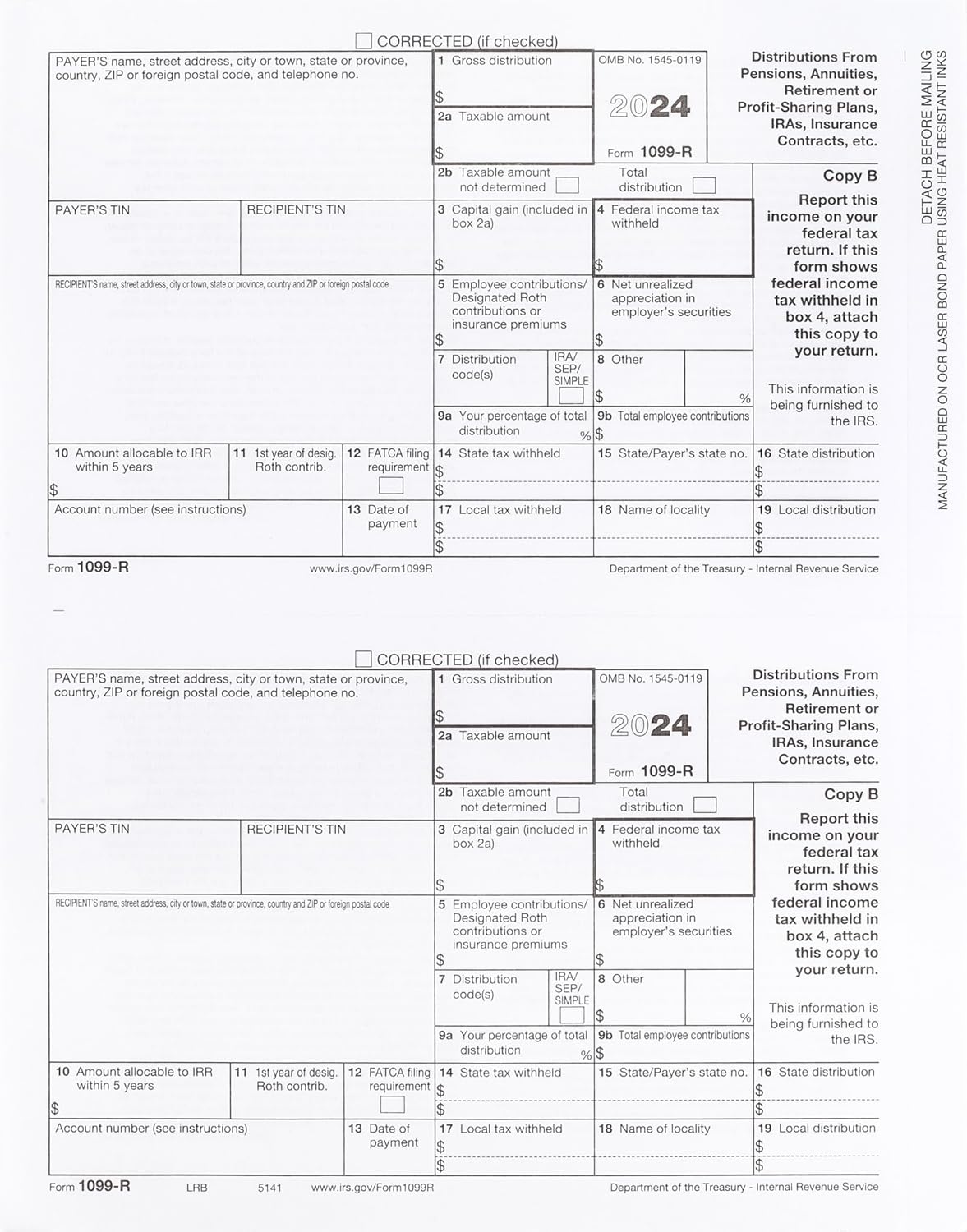 1099-R (distributions) Laser Set 4-Part, Pack for 25, Federal and State Copies (2 Forms on a Sheet) 2024