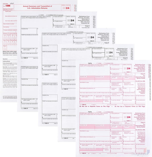 1099-R (distributions) Laser Set 4-Part, Pack for 25, Federal and State Copies (2 Forms on a Sheet) 2024