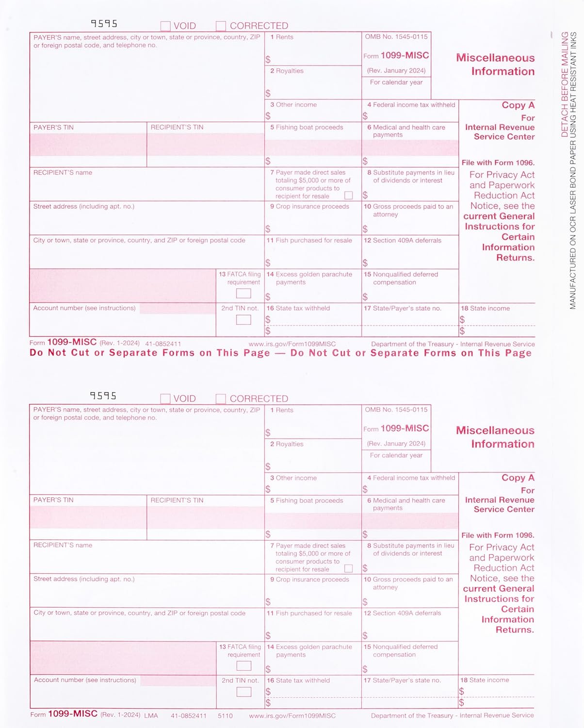 2024 1099-MISC Income Set 4-Part, And 1096, Self Seal Envelopes, Kit For 25 Vendors