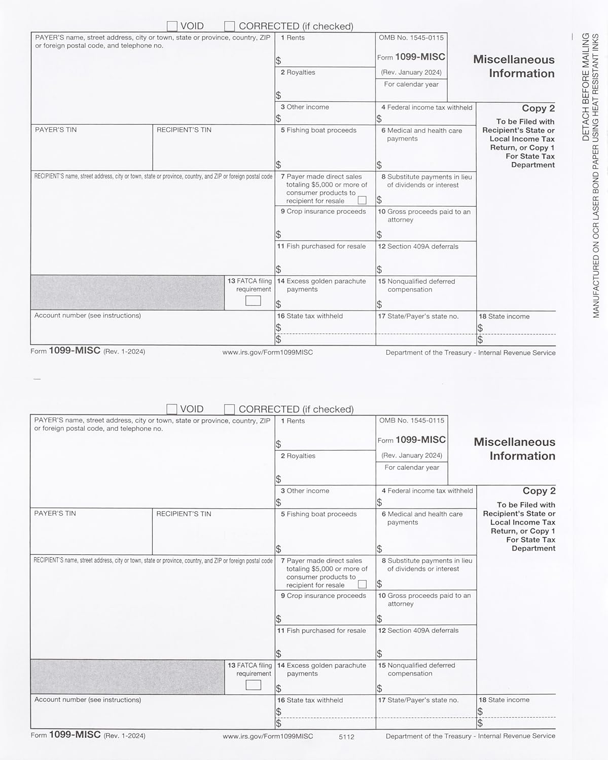 2024 1099-MISC Income Set 4-Part, And 1096, Self Seal Envelopes, Kit For 25 Vendors