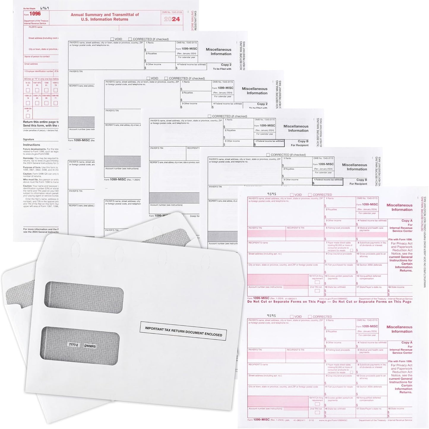 2024 1099-NEC and 1099 Misc 4-Part Tax Forms Combo Kit, for All Non-Employee Compensation Filing, Self Seal Envelopes Included, QuickBooks and Other Software Compatible