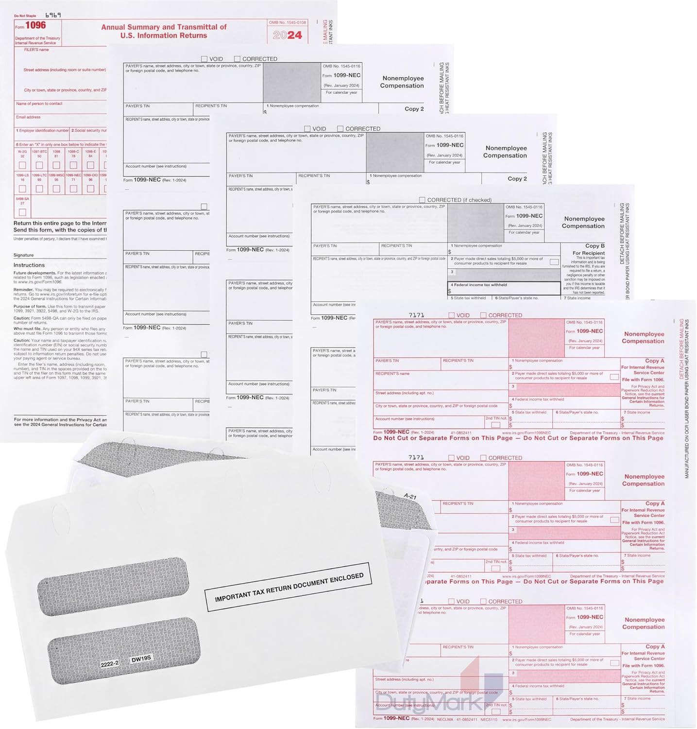 Dutymark 1099 NEC Tax Forms 2024, for 25 Recipients 4 Part Laser Tax Forms Kit, 3 1096 Forms, 25 Security Self Seal Envelopes, Great for QuickBooks and Accounting Software, 2024 1099 NEC