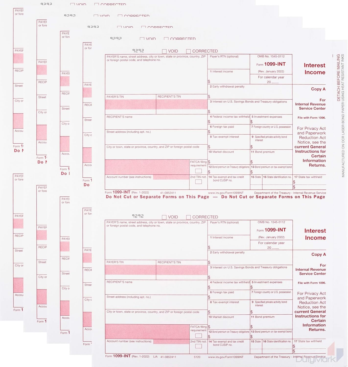 1099 INT Copy A 2024 Interest Income Forms, 100 Pack Laser Tax Forms, Great for QuickBooks and Accounting Software