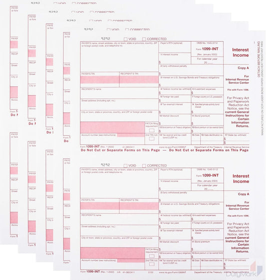 1099 INT Copy A 2024 Interest Income Forms, 100 Pack Laser Tax Forms, Great for QuickBooks and Accounting Software