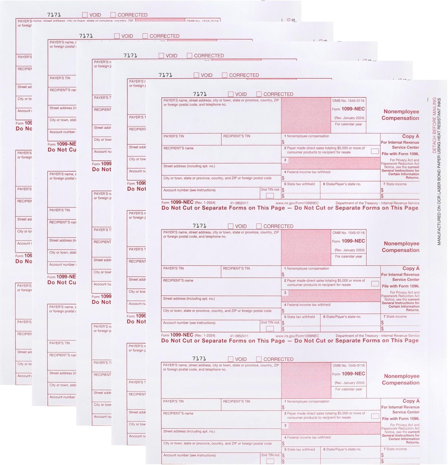 1099 NEC Copy A Forms 75 Forms (25 Sheets) Federal Income Laser Tax Forms, 2024